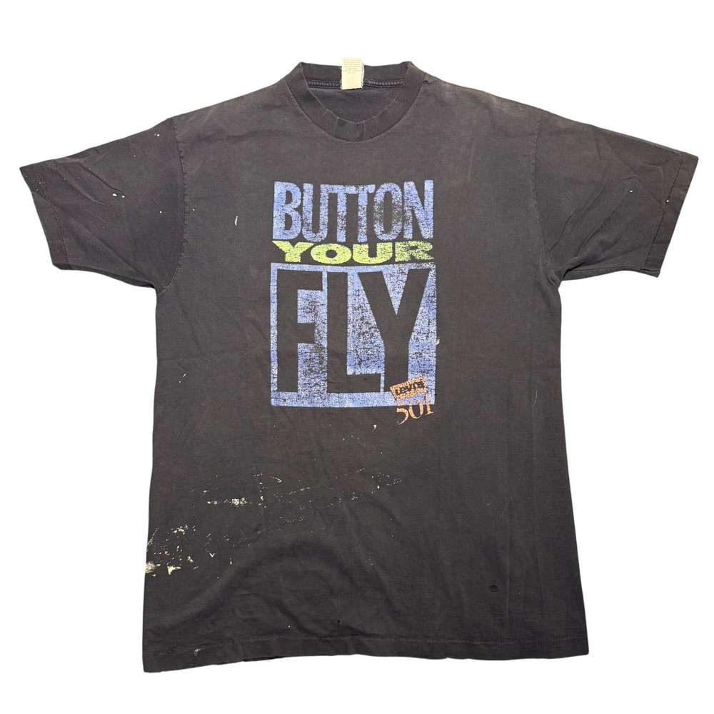 Vintage 90s Levis 501 Button Your Fly T-Shirt XL Faded Black